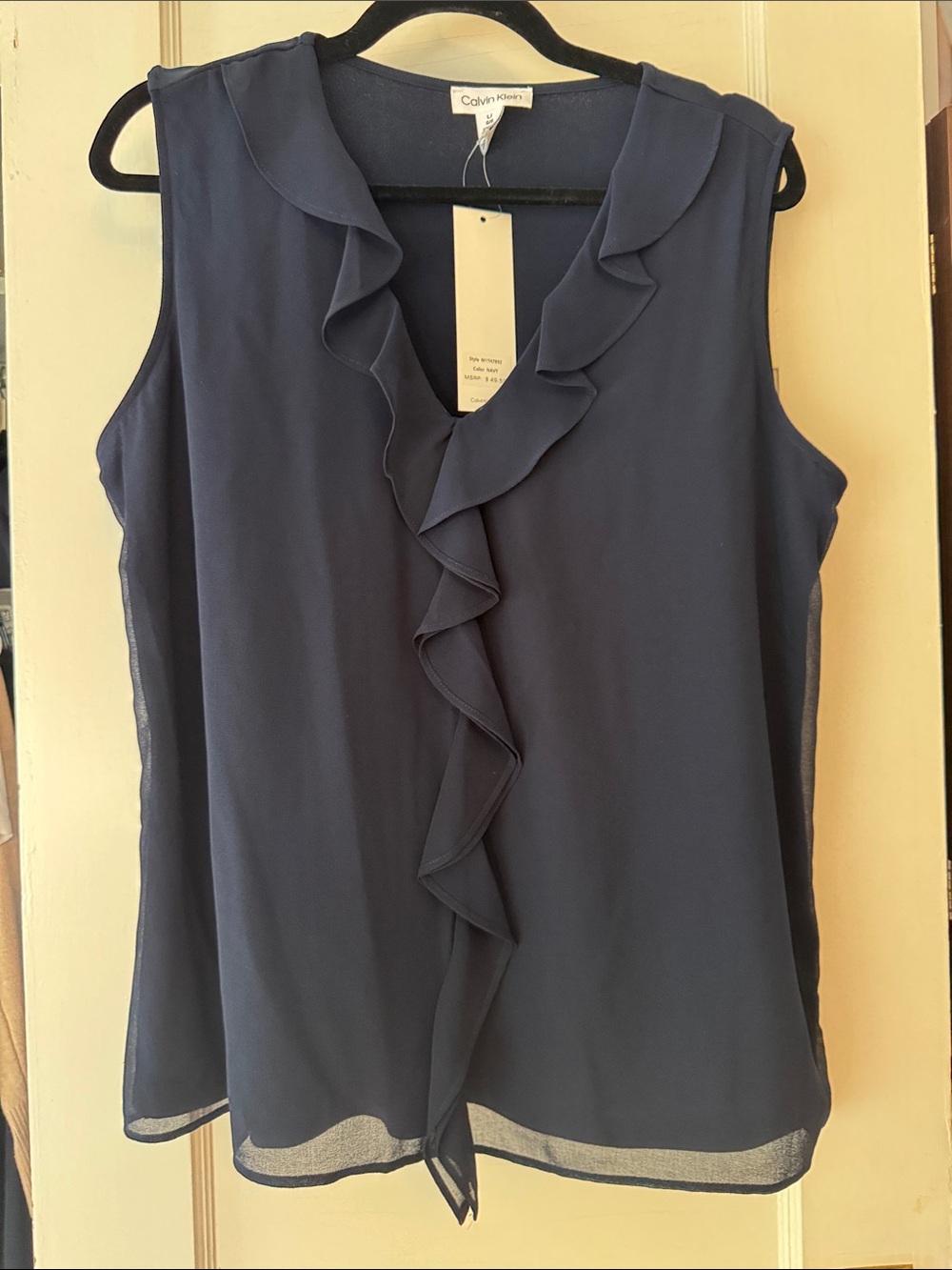 Calvin Klein Navy Ruffle V-Neck Sleeveless Camisole Top